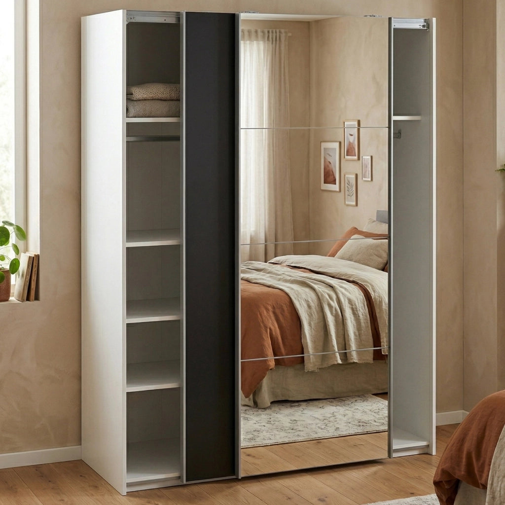 Guardaroba 2 ante Seraphine, Mobile camera da letto, Cabina armadio portabiti, Armadio appendiabiti, 150x61 h200 cm, Bianco e Nero