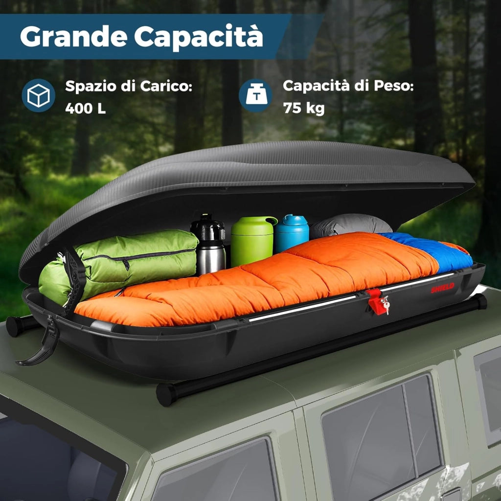Box da Tetto per Auto XL, Baule Tetto Universale Rigido Impermeabile Super Resistente in Fibra Carbonio e Metallo, Portapacchi per Auto con Chiavi, Capacità 75 kg (169 x 80 x 36,5 cm)