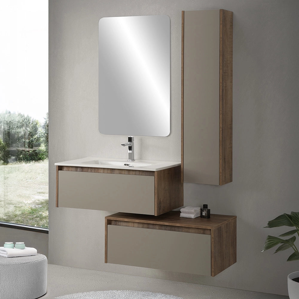 Mobile bagno sospeso 80 cm in legno tabacco e tortora con 2 cassetti, lavabo e specchio Smok