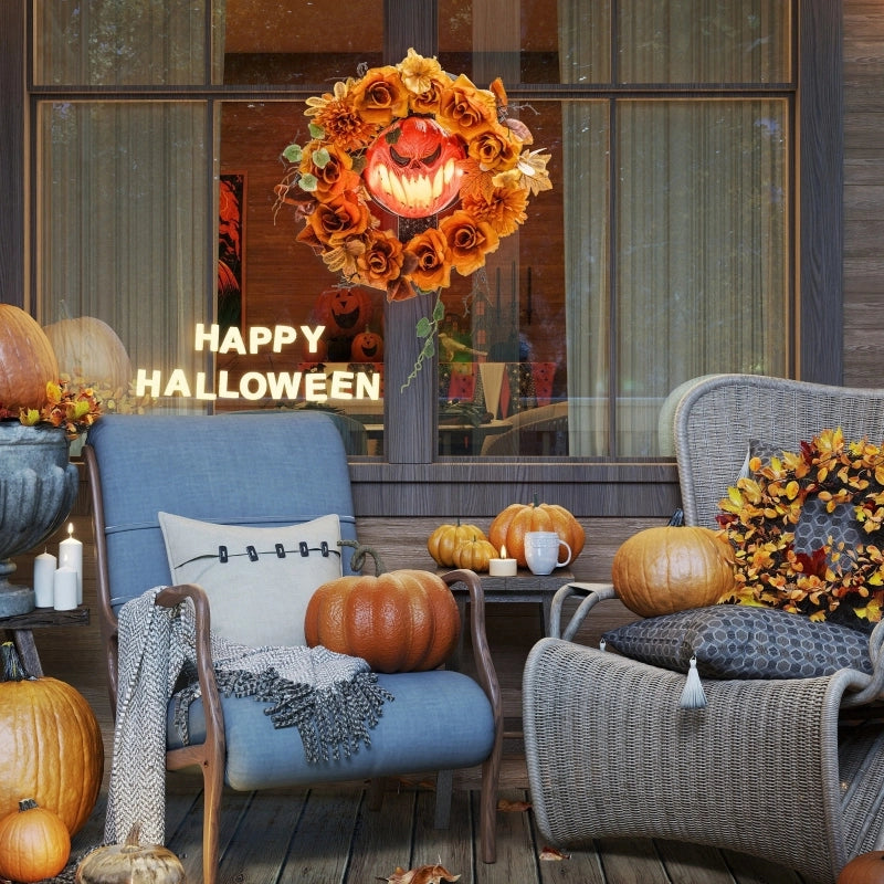 Ghirlanda di Halloween, design spettrale con zucche, foglie autunnali, effetti di luce, plastica