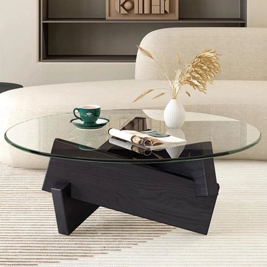 Tavolo salotto rotondo - tavolo da soggiorno moderno - 1 pezzo - nero - vetro e legno - 80 x 80 x 40 cm