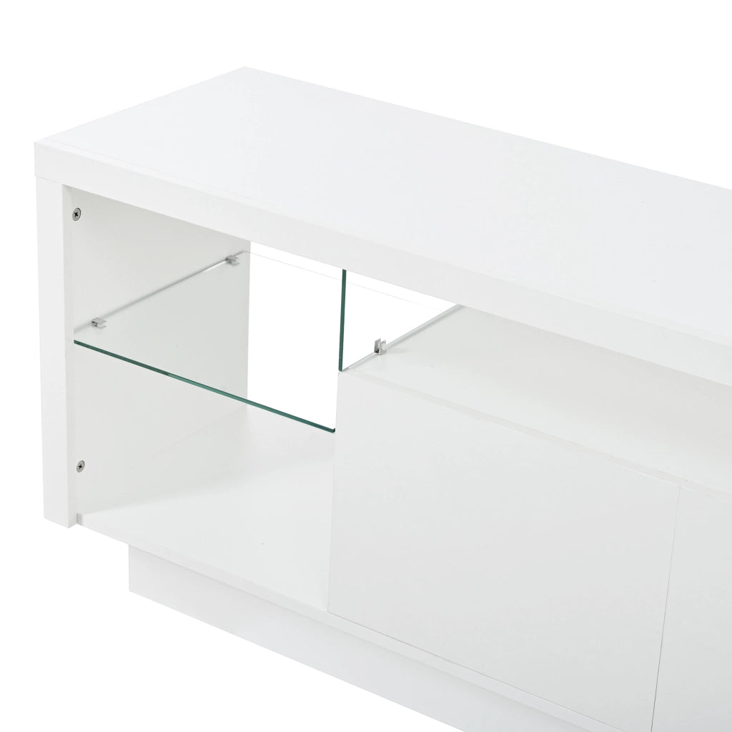 Mobile porta TV con 3 ante, vani aperti in vetro e LED, per soggiorno, in legno truciolare bianco, 200 × 38 × 55 cm