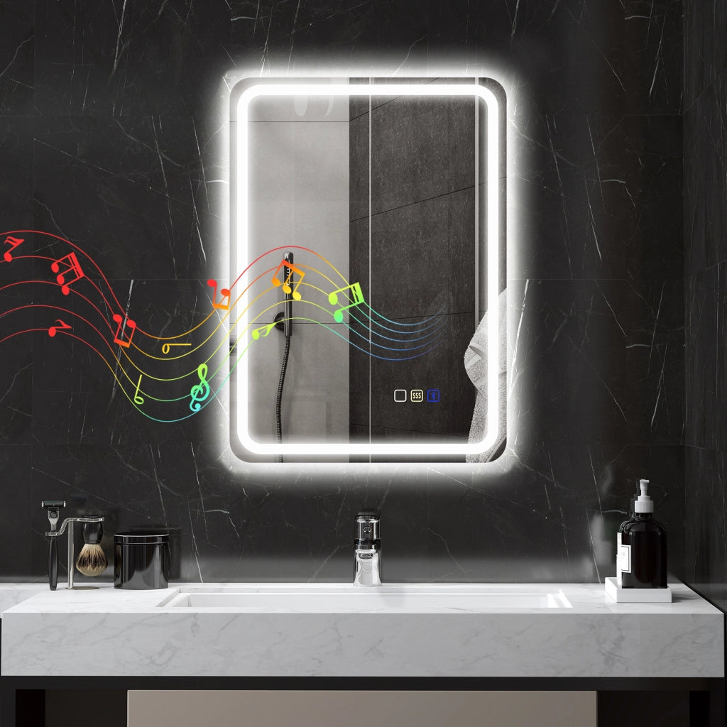 Specchio Bagno LED in Vetro Temperato con Bluetooth 70x50x3.5 cm Luce Regolabile e Touch Design Moderno