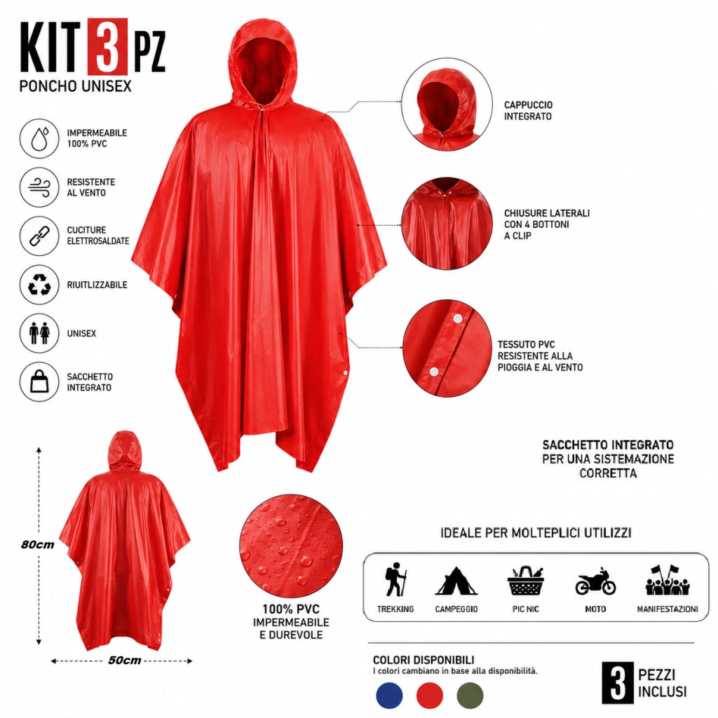 Kit 3 Poncho Impermeabili Unisex Pvc Antipioggia con Cappuccio Riutilizzabili