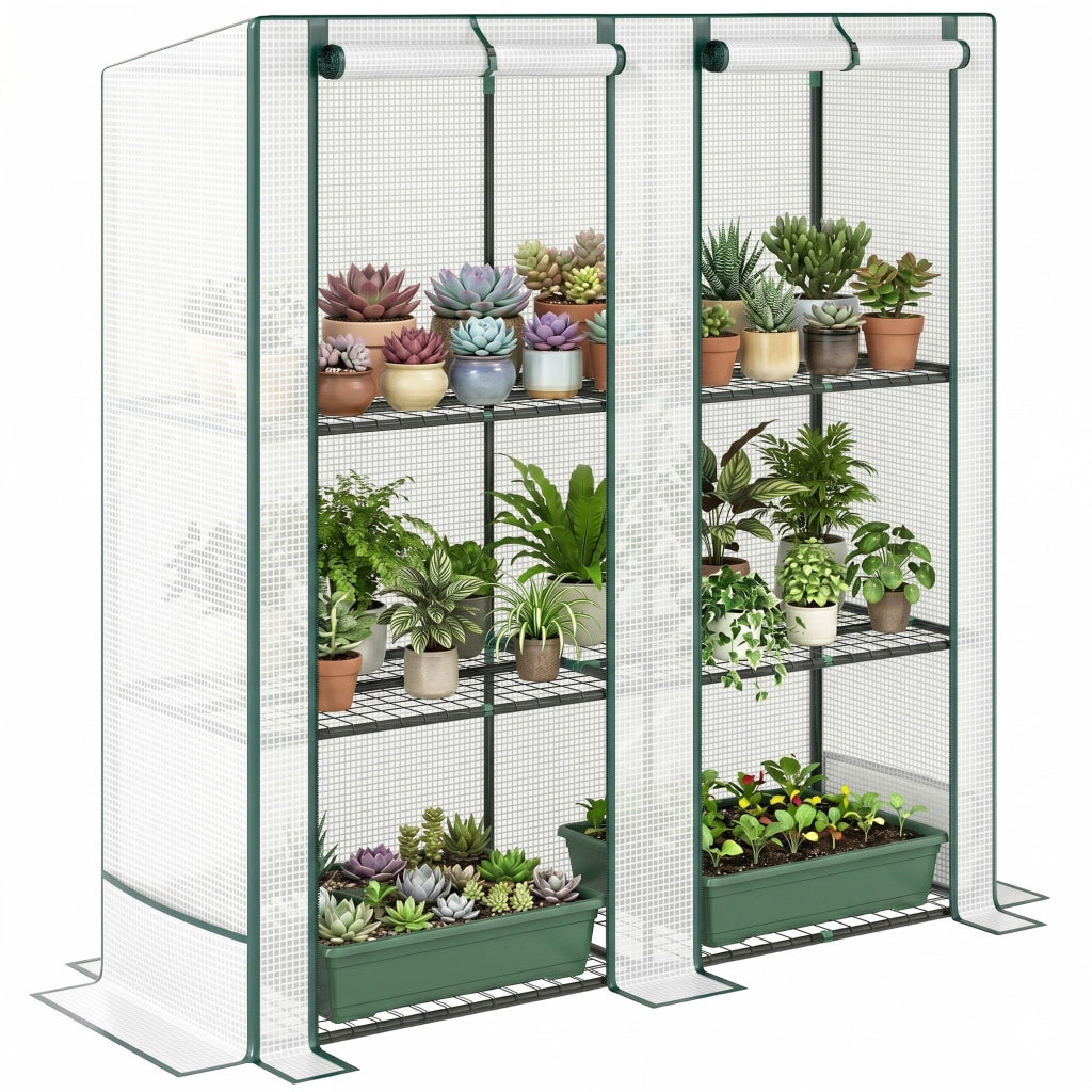 Serra da Giardino con 2 Porte Avvolgibili, Scaffale a 3 Ripiani e Tasche Laterali, Bianco e Verde