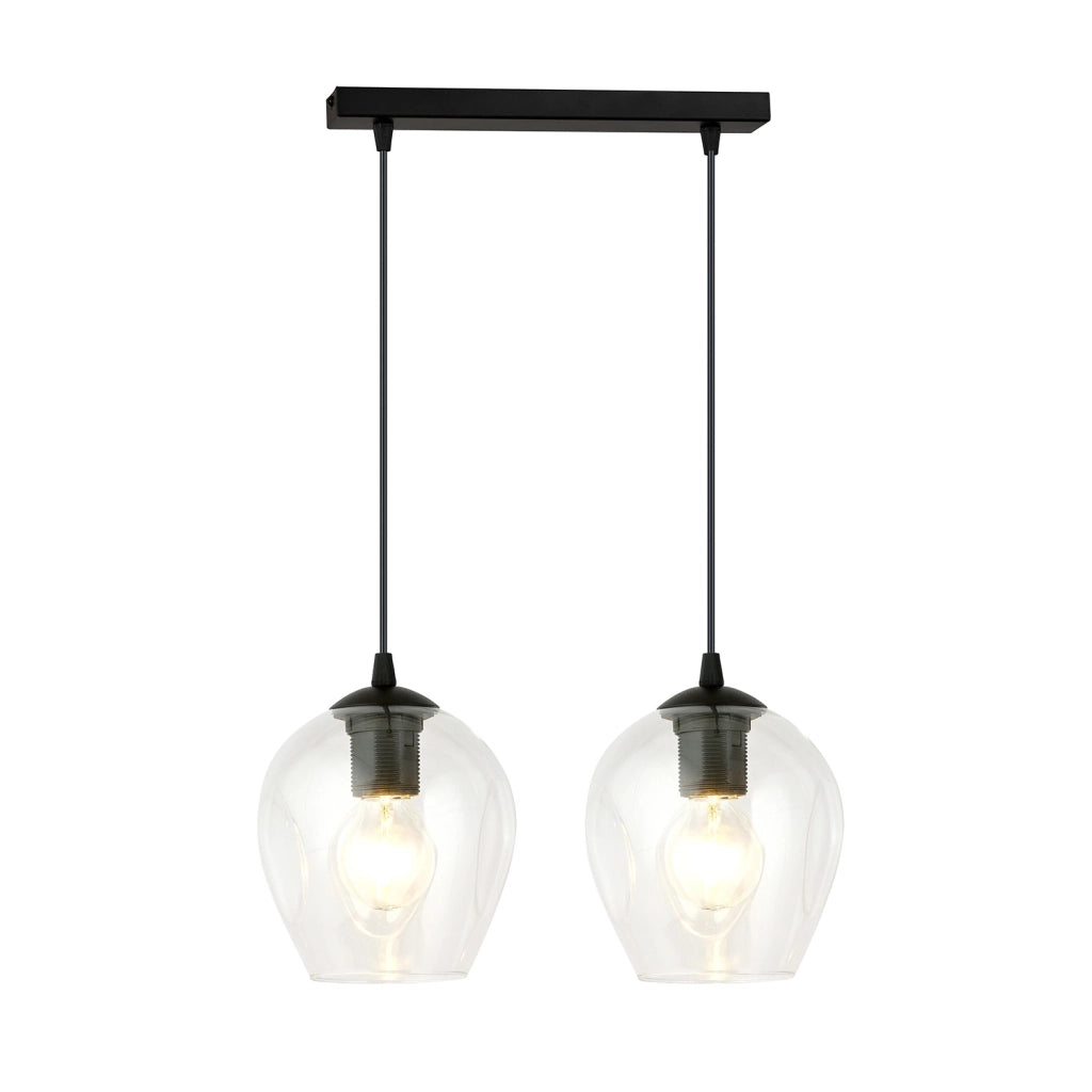Lampadario 2 Luci Fuxi In Acciaio Nero E Vetro Trasparente