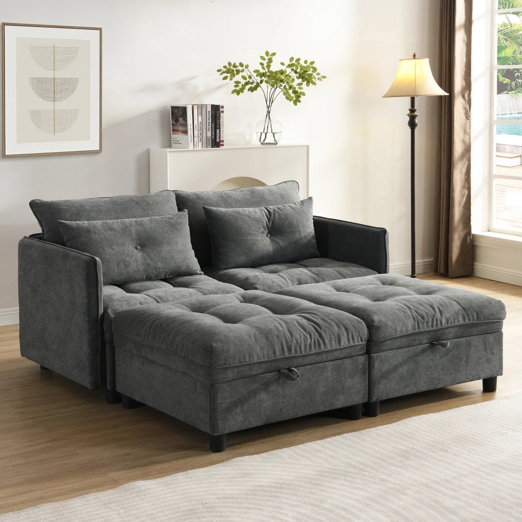 Divano modulare 4 posti con contenitore e funzione letto in ciniglia grigio antico