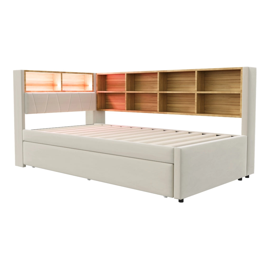 Divano letto multifunzionale con LED, prese e ampio spazio contenitivo