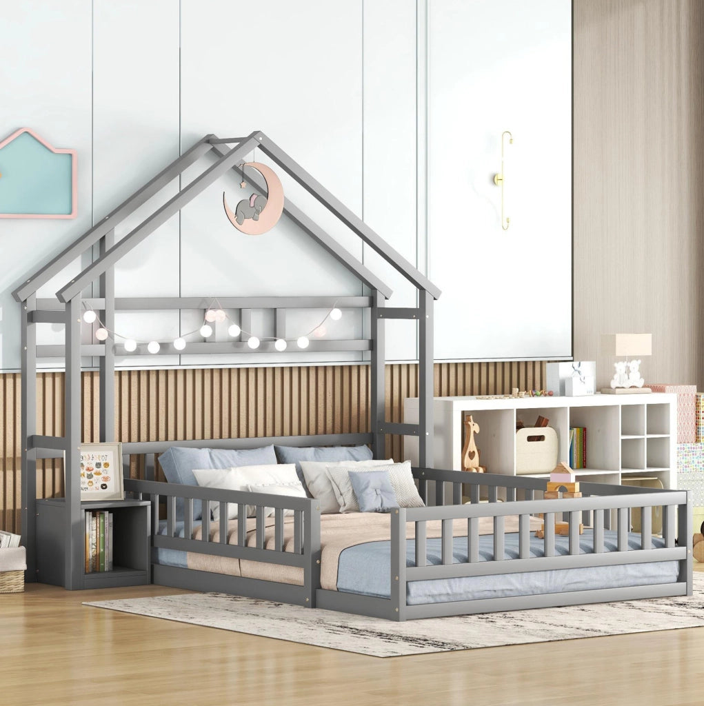 Letto a casetta per bambini 140x200 cm con comodino grigio
