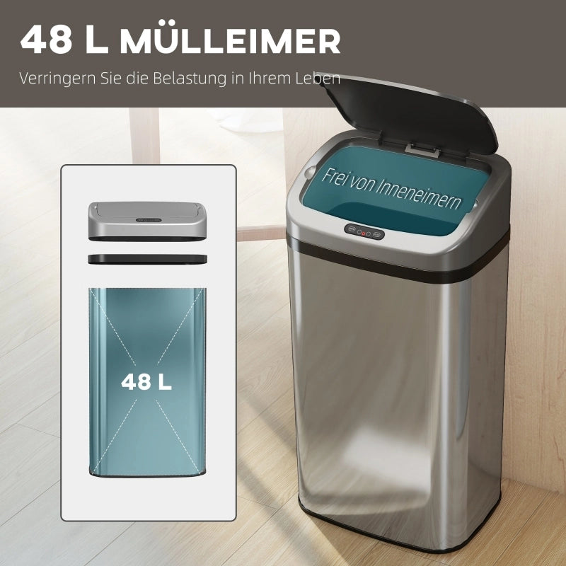 BIDONE PORTARIFIUTI CON SENSORE 48 L 33x25x69 cm Acciaio inox Argento