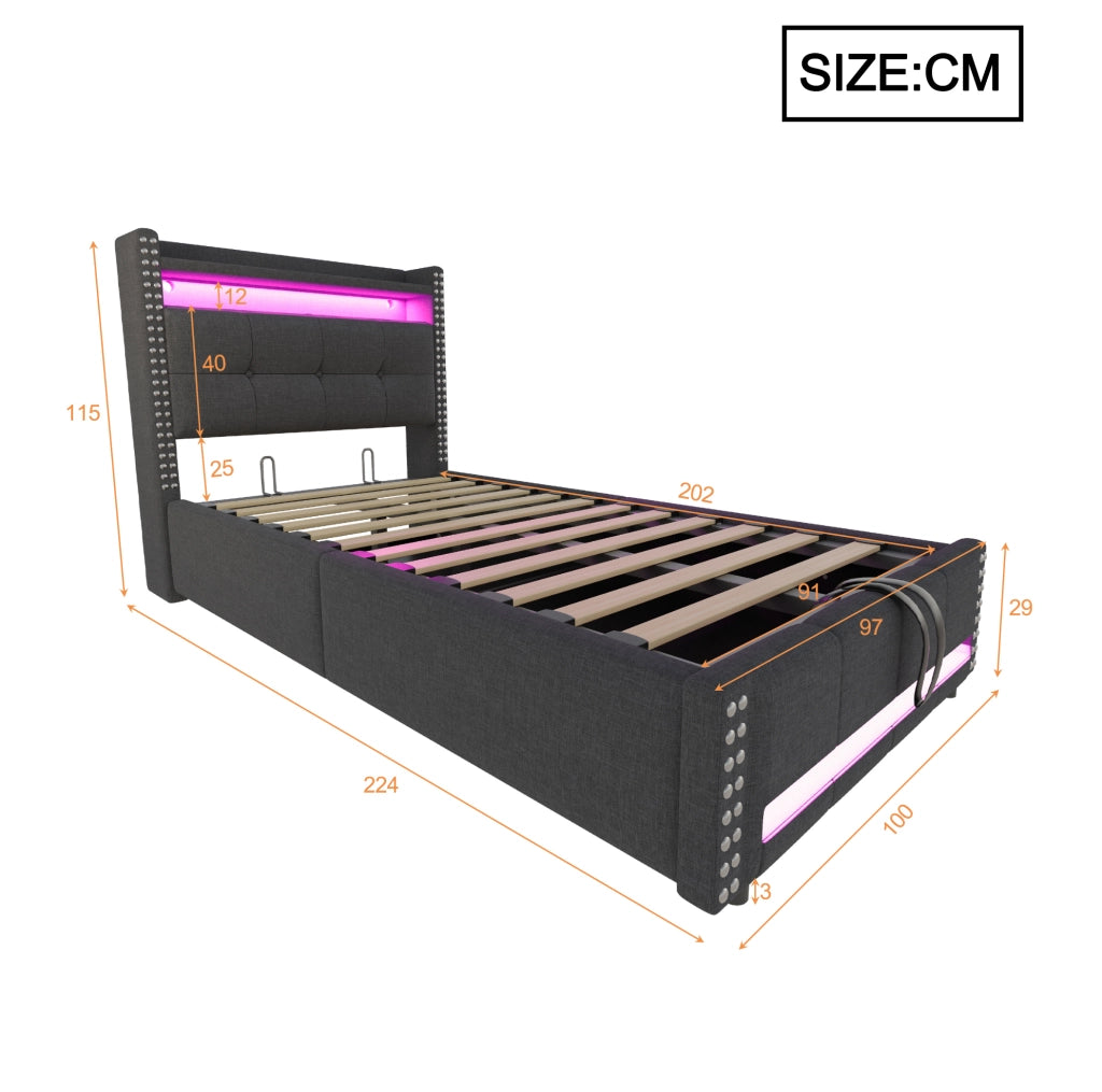 Letto imbottito singolo 90x200 cm con LED; USB e contenitore idraulico; grigio
