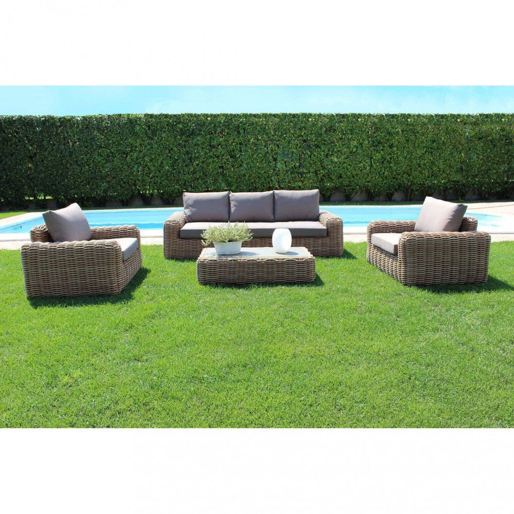 Set Salotto da Giardino Divano 2 Poltrone e Tavolino con Cuscini in Alluminio Marrone