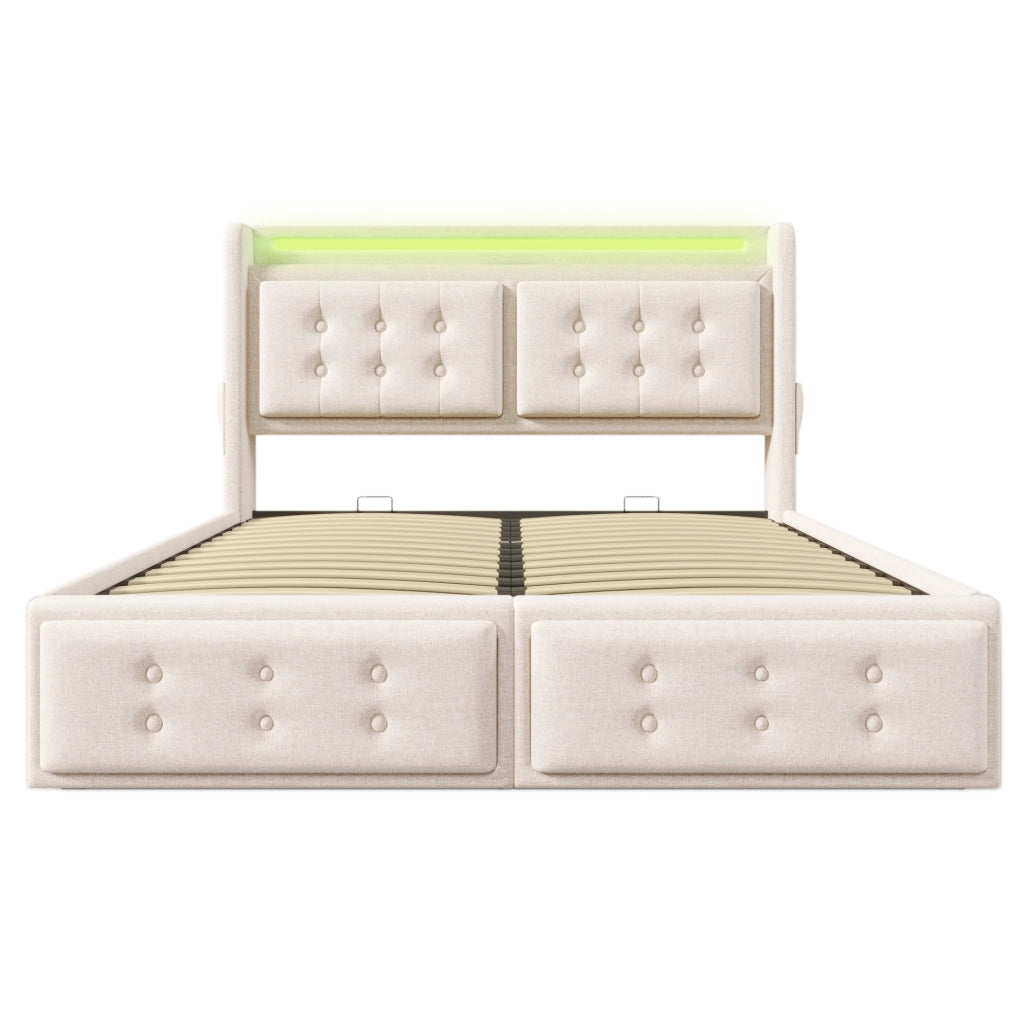 Letto matrimoniale 140x200 cm con contenitore; LED; prese e USB-C; tessuto cotone lino beige