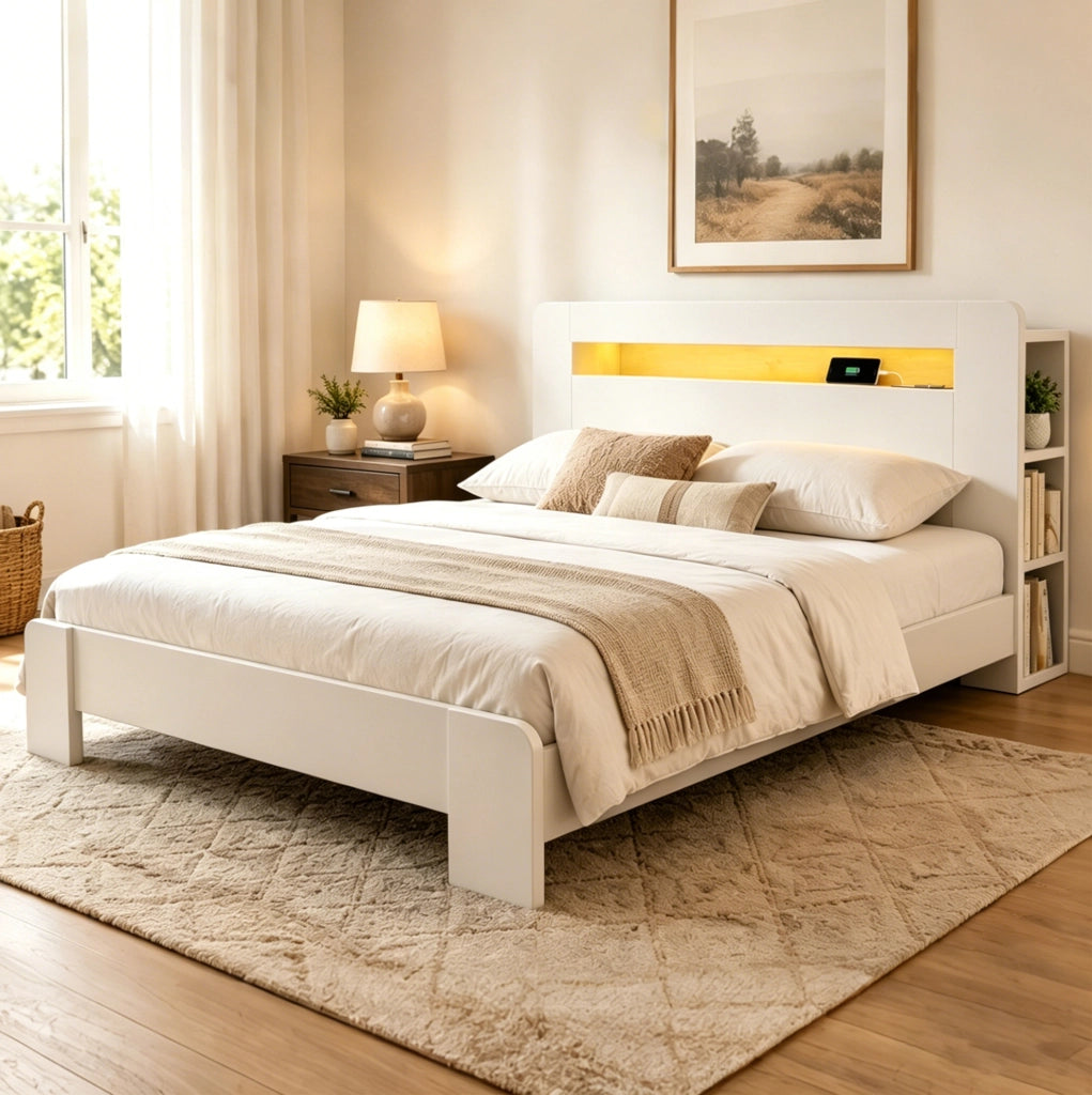 Letto multifunzione 140x200 cm con LED e prese, bianco