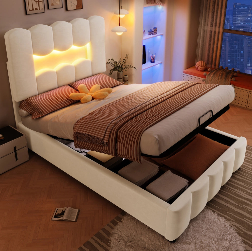 Letto imbottito 90x200 cm beige con LED e vano contenitore