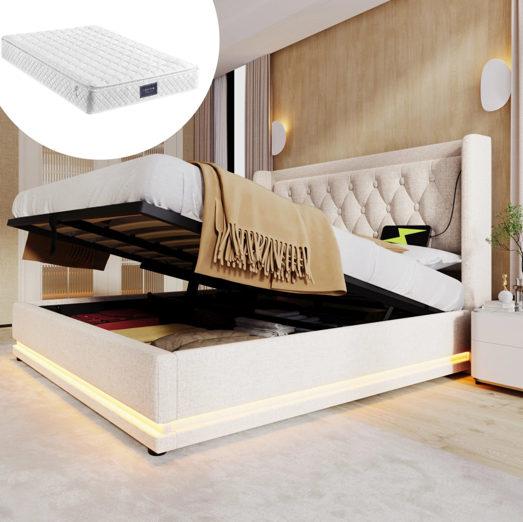Letto imbottito con contenitore, testiera con ricarica USB e illuminazione LED