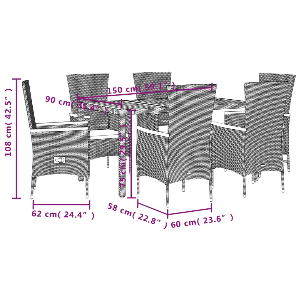 Set da Pranzo da Giardino 7 pz Nero con Cuscini in Polyrattan