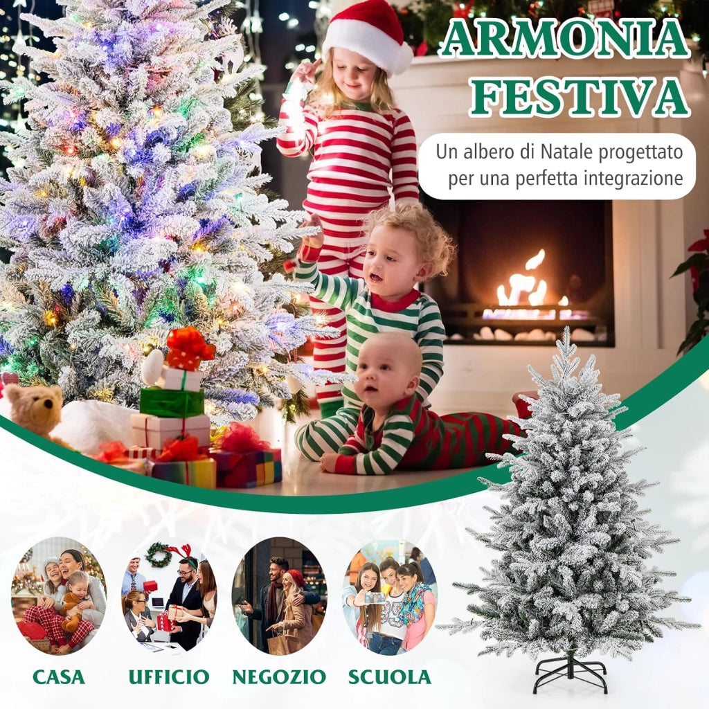 Albero di Natale Artificiale Innevato 135/186/218 CM, Albero di Natale con Cerniera e 8 Modalità luminose, 160/260/350 Luci LED Multicolori e 436/820 /1164 Punte di Ramo in PVC e PE (135 CM)
