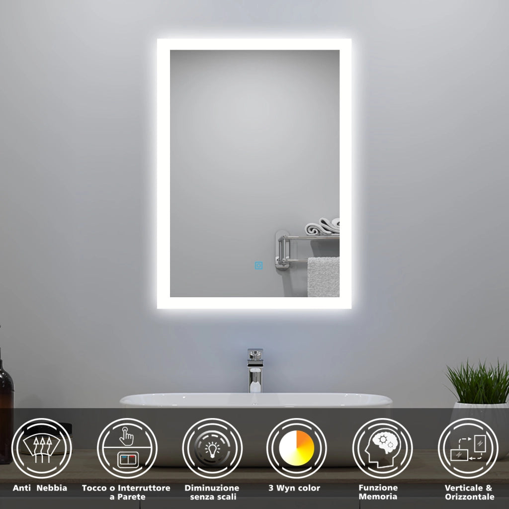 Aica LED Specchio da bagno 50×70 cm + luminosità regolabile a 3 colori + antiappannamento