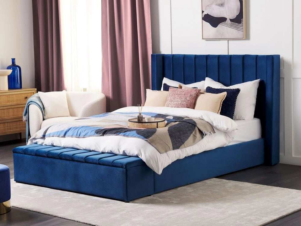 Letto matrimoniale ad acqua in velluto blu marino con cassapanca 160 x 200 cm moderno glam morbido materasso camera da letto