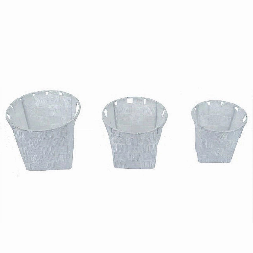 Trade Shop - Set 3 Cestini Rotondi Portaoggetti In Tessuto Bianco Per Bagno Casa Cucina 79043 -