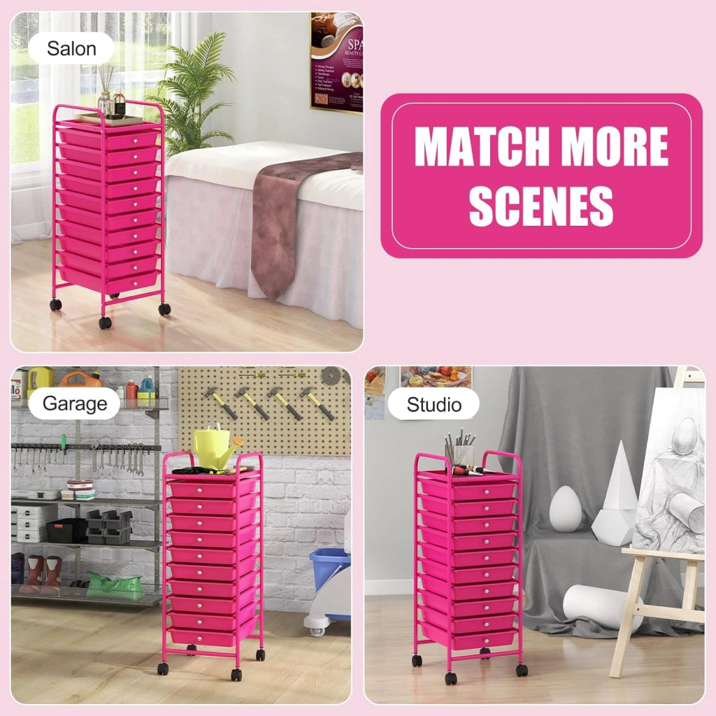 Carrello Portaoggetti con 10 Cassetti Impilabili, Struttura in Metallo e Ruote Bloccabili, Organizer Multiuso per Cucina e Ufficio