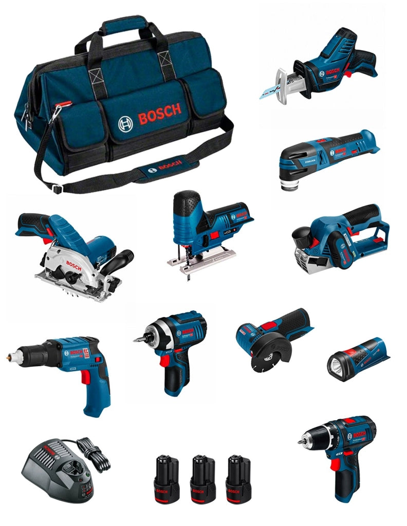 BOSCH Kit BMKB10-28CD3 (GSR12V-15+GTB12V-11+GDR12V-105+GWS12V-76+GST12V-70+GKS12V-26+GOP12V-28+GSA12V-14+GLI12V-80+GHO12V-20...)