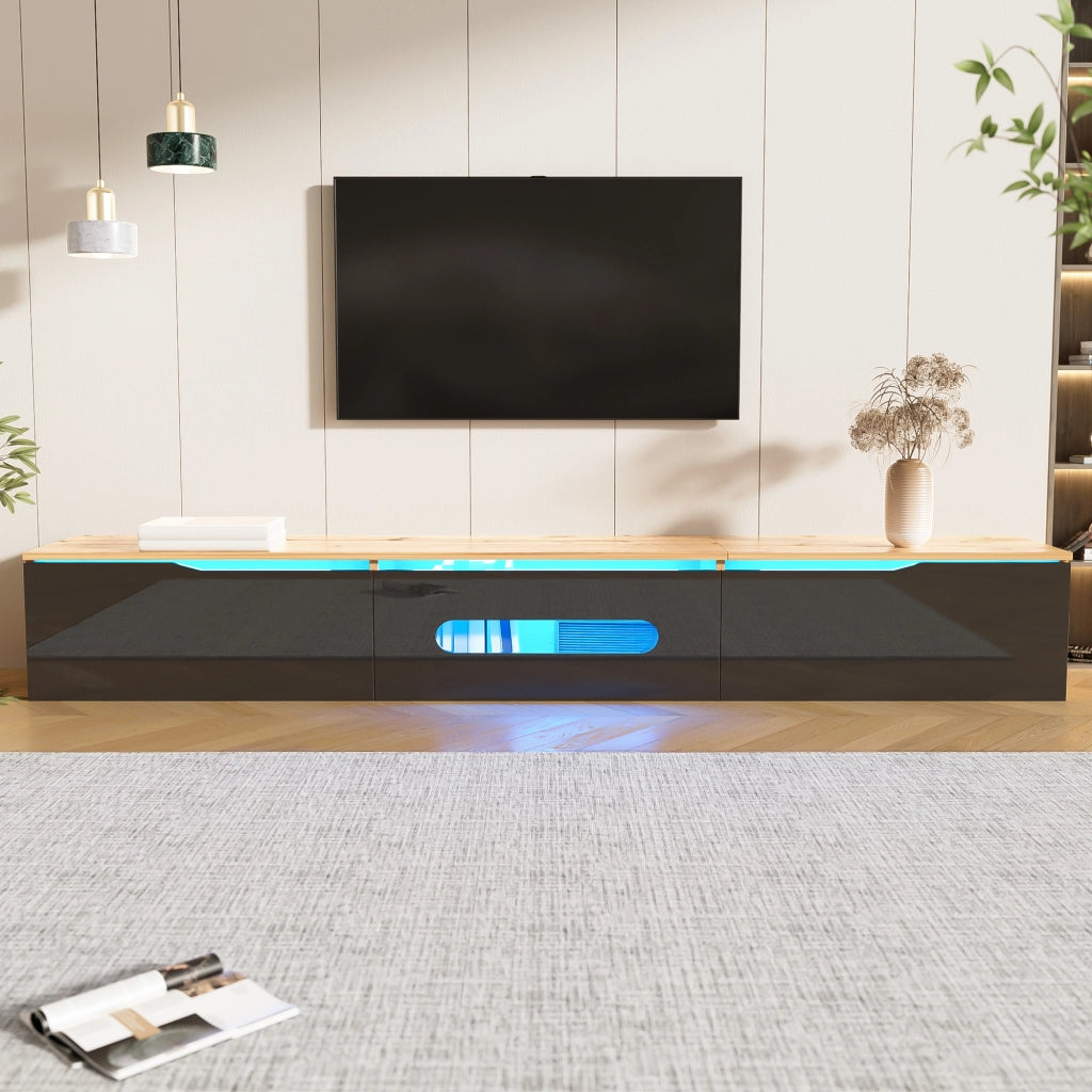 OKWISH Mobile TV con 3 Ante e LED, Montaggio a Terra o Parete, Stile Moderno, per Soggiorno, MDF, Nero e Legno, 180 x 35 x 30 cm