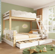 Letto a castello 90x200/140x200 cm con cassetti e portariviste; bianco e rovere