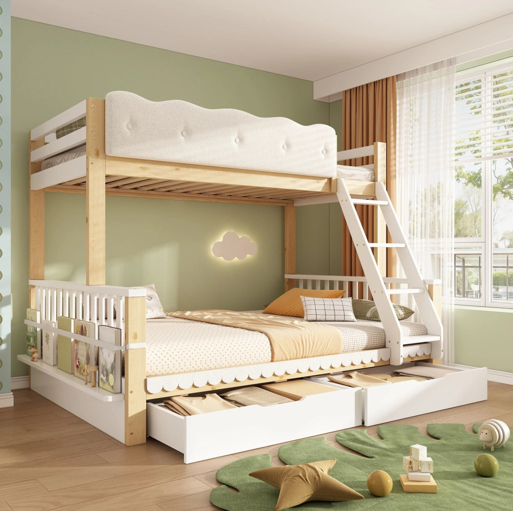 Letto a castello 90x200/140x200 cm con cassetti e portariviste; bianco e rovere