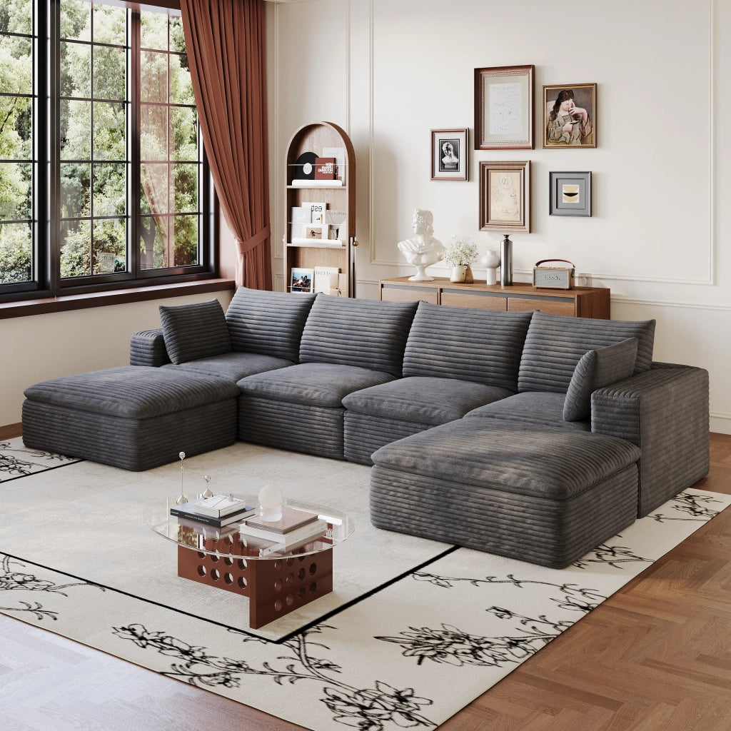 Divano Modulare 3 Posti in Velluto a Coste ¨C MINIMAL ¨C Grigio Scuro, 340cm, Imbottito