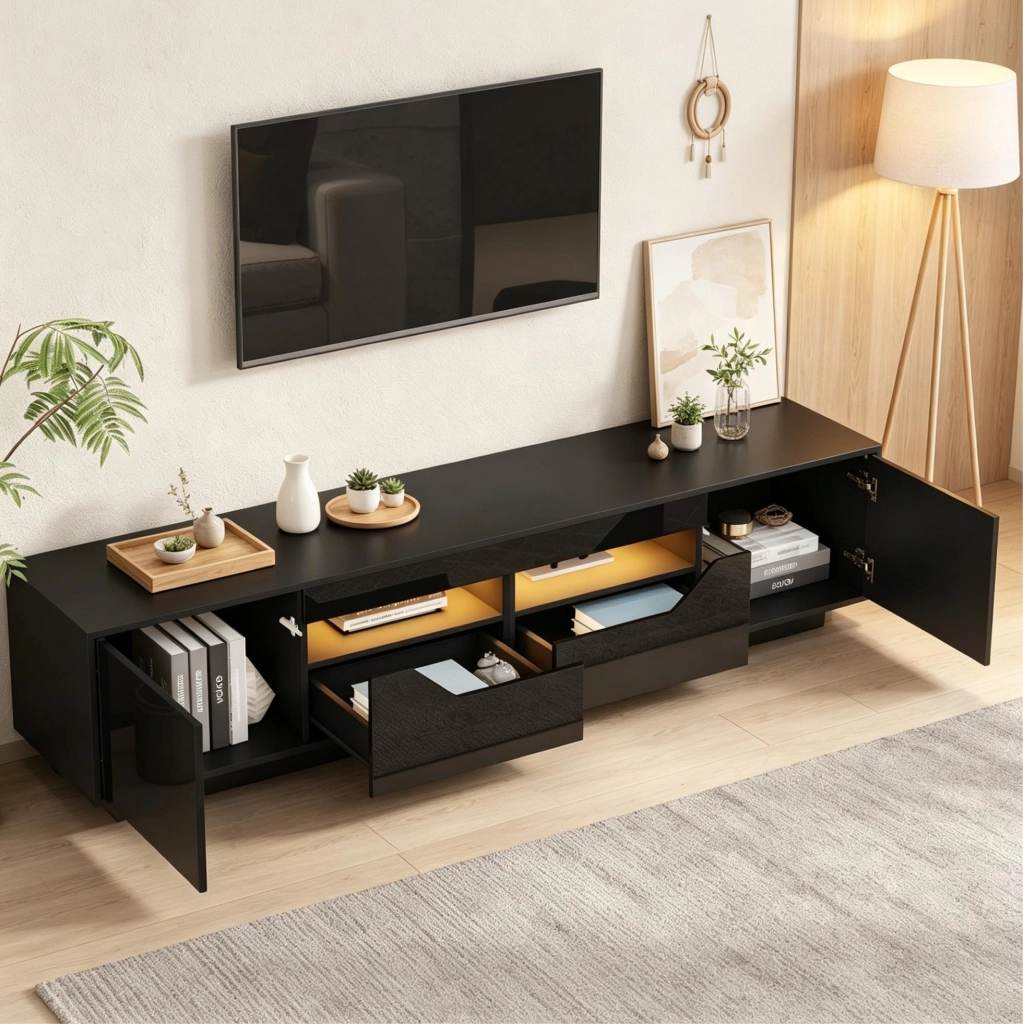 Mobile TV nero con LED, 2 cassetti e ante, 180x40x45 cm