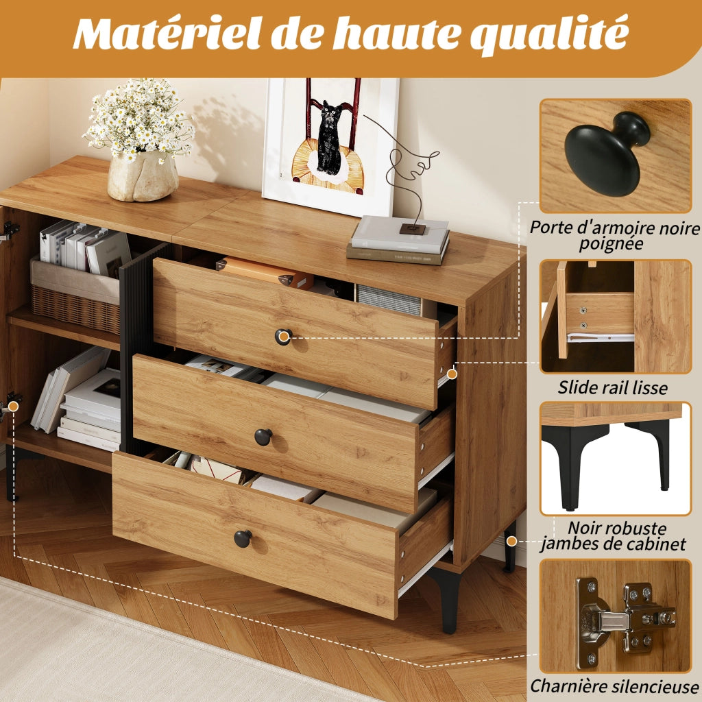 Credenza con 1 Anta e 3 Cassetti; Piedini in Metallo; Stile Moderno; in Pannelli di Particelle; Nero e Naturale; 120??35??76 cm