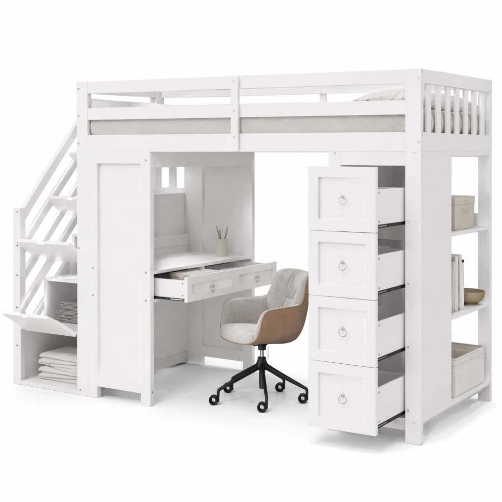 LETTO a soppalco multifunzione 90x200 cm bianco con scrivania e cassetti