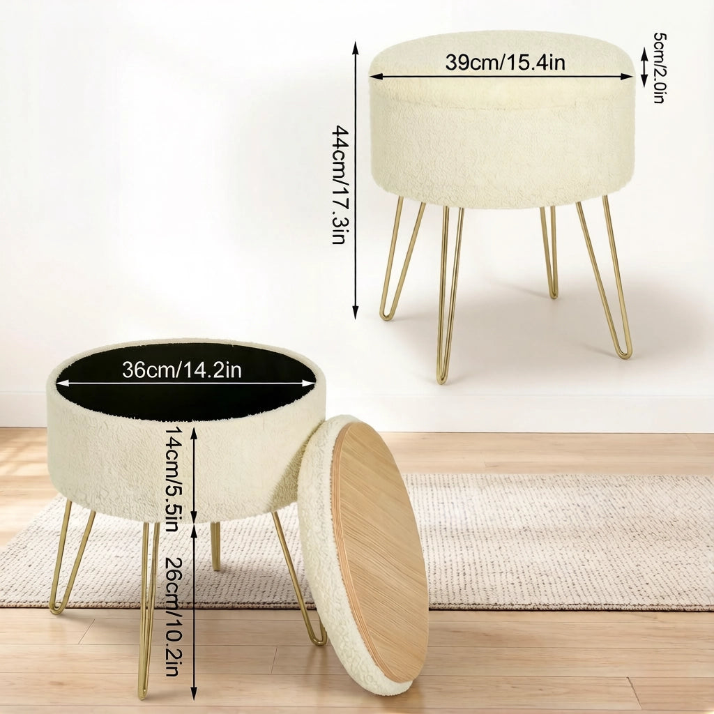 Pouf contenitore Reposapiedi Tavolino con vassoio in MDF, in Teddy Fleece e metallo Beige