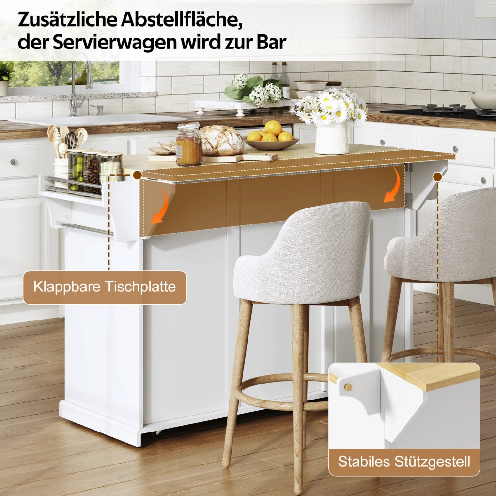 Isola da cucina con piano ribaltabile 121x69x89 cm in MDF naturale e bianco