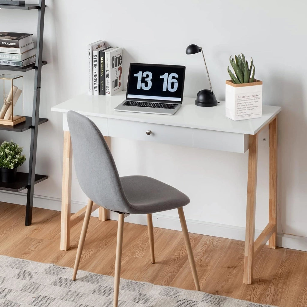 Scrivania da Ufficio con 1 Cassetto, Ampio Piano d'appoggio, Gambe Robuste con 2 Barre Trasversali, Ideale per Studio e l'Ufficio, Peso Massimo 54,4 kg, 106,5 x 50 x 75,5 cm