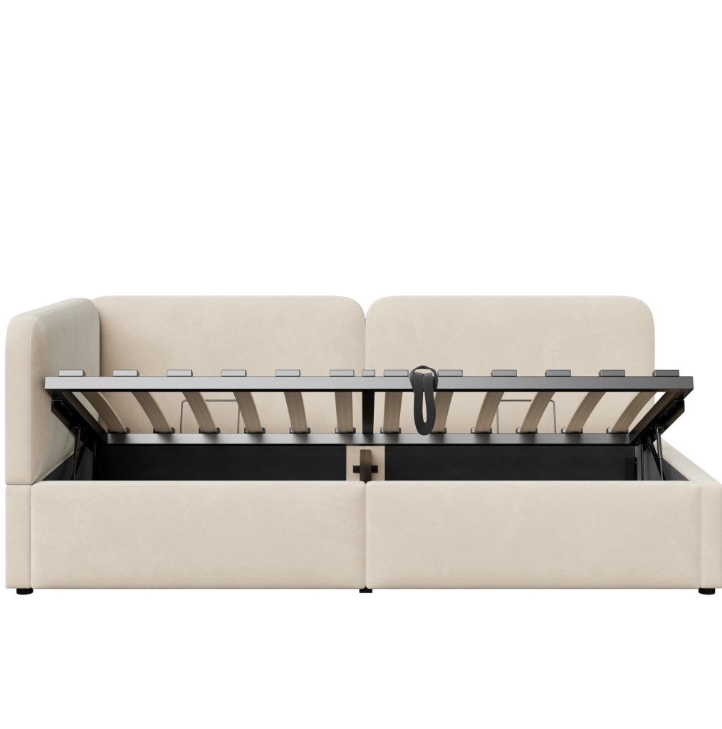 Divano letto imbottito 207x96x78 cm con spazio contenitore idraulico; tessuto beige