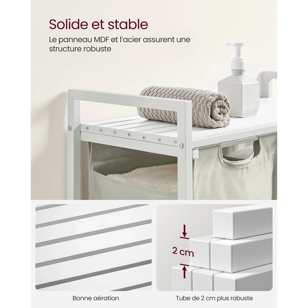 Cesto portabiancheria con 3 scomparti e 1 ripiano portaoggetti 73 x 33 x 72 cm sacchetti estraibili per bagno/lavanderia bianco 12_0006763