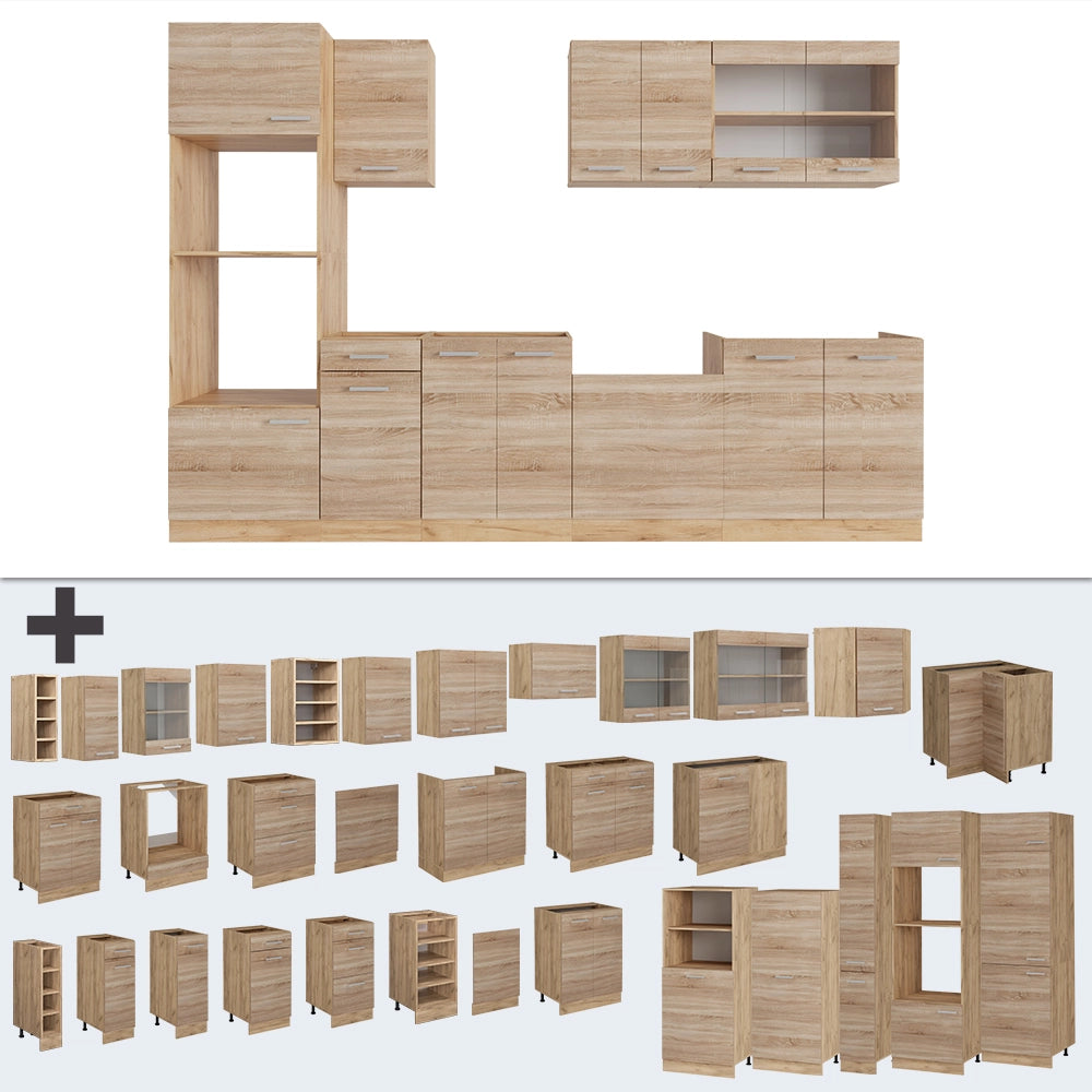 Cucina componibile R-Line Sonoma/Rovere dorato 300 cm con armadio alto, PL Rovere Vicco
