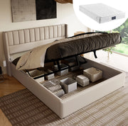 Letto matrimoniale con contenitore e rete alzante 160x200 cm in lino beige
