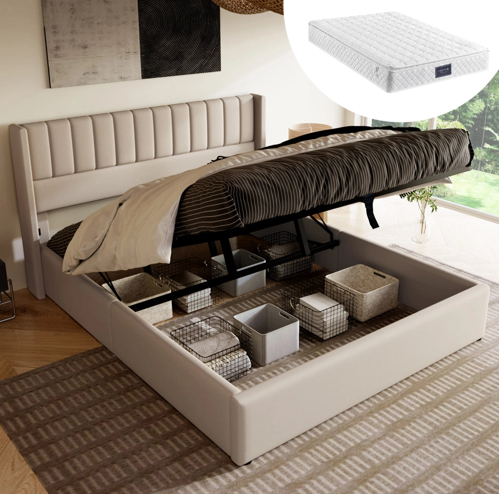 Letto matrimoniale con contenitore e rete alzante 160x200 cm in lino beige