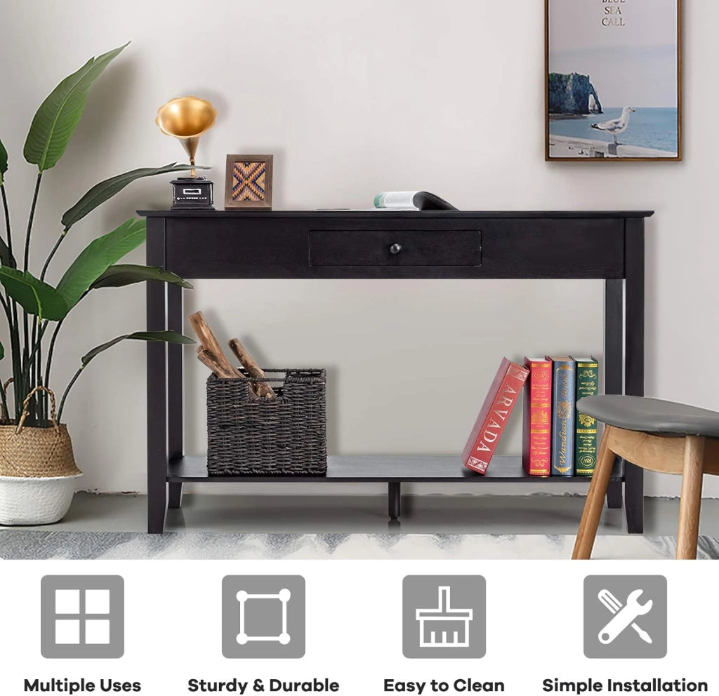Tavolo consolle con cassetto, ripiano e piattaforma di visualizzazione a 2 ripiani in legno per ingresso, corridoio, soggiorno, camera da letto, tavolo multifunzionale per ingresso (nero)
