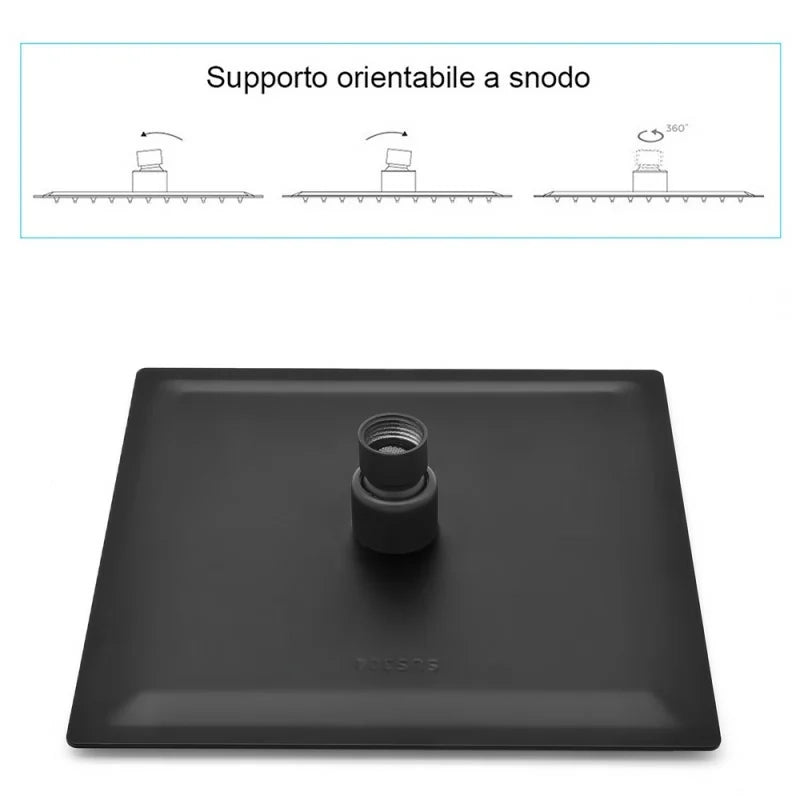 Soffione per doccia quadro 25x25 cm con braccio 30 cm in acciaio nero opaco