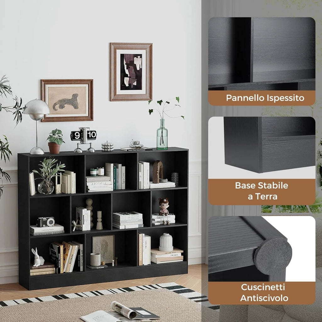 COSTWAT Libreria a 10 Cubi, Organizzatore di Stoccaggio a 3 Ripiani con 2 Kit Anti-Ribaltamento, Scaffale Multiuso in Legno per Soggiorno Camera da Letto Ufficio, 140x24x104 cm (Nero)