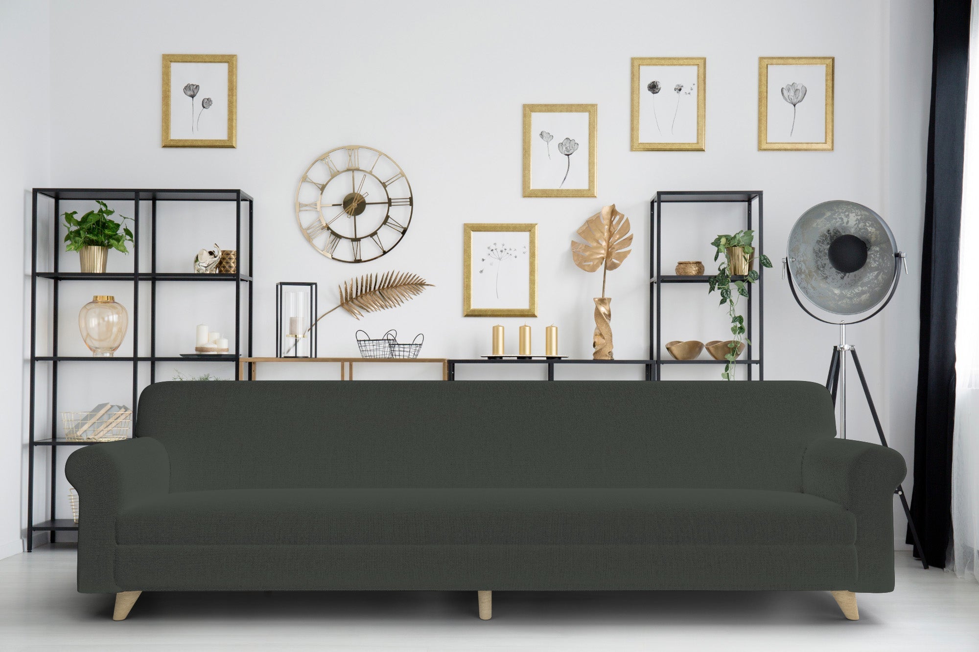 Copridivano Elasticizzato 2 Posti in Poliestere Grigio Scuro