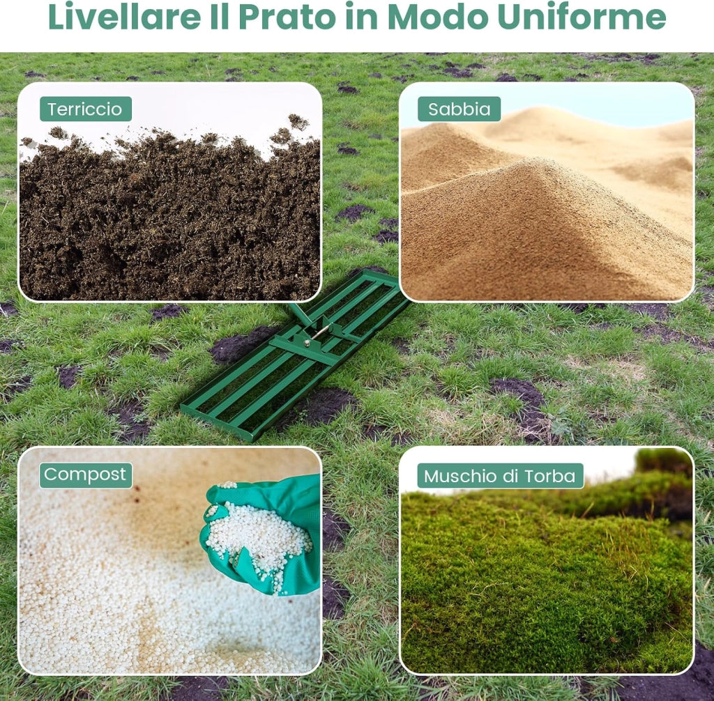Rastrello Livellatore per Prato, Attrezzo per la Livellatura del Prato con Manico Ergonomico, Livellatrice per Giardino, Cortile, Campo da Golf, Fattoria e Pascolo (Verde 91 x 25 cm)