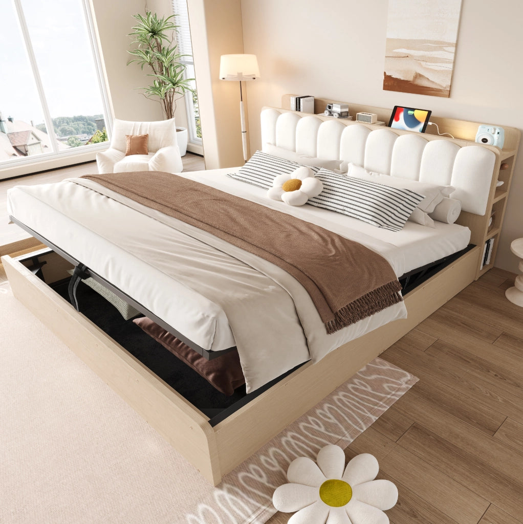 Letto matrimoniale con contenitore 180x200 cm in legno naturale; testiera imbottita beige con USB e luce notte