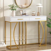Consolle 110x32x85 cm con cassetto e gambe regolabili in MDF e metallo bianco