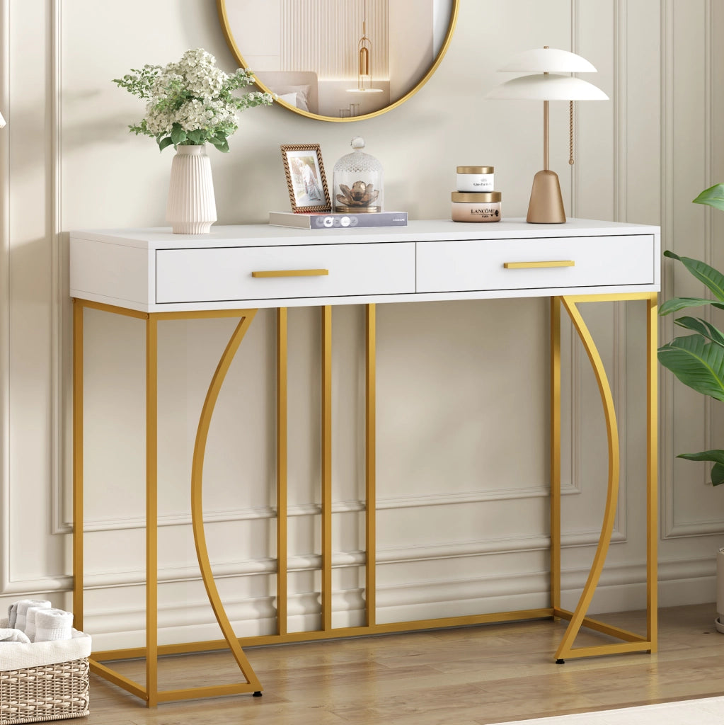 Consolle 110x32x85 cm con cassetto e gambe regolabili in MDF e metallo bianco